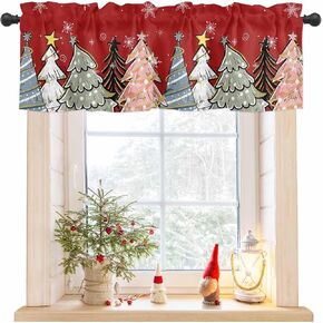 Christmas Tree Valance for Windows Pine Tree Curtains Valances Snowflake Valance Window Treatments Red Short Curtains for Kitchen Living Room Bedroom Bathroom Xmas Holiday Decor 54x18 Inch