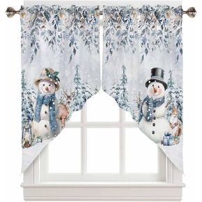 Christmas Swag Curtains, Snowman Snowflake Scene Winter Swag Valances for Windows Rod Pocket Pine Tree Kitchen Curtains Valances Scalloped Valance/Swag Xmas Window Treatment (36" W x 36" L Each Panel)