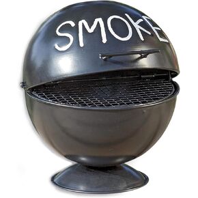 Smoke Outdoor Ashtray, Trashcan Style, Hinged Lid, Removable Interior Tray, 7 D x 7 H Inches, Lacquered Iron, Black Finish, White Text