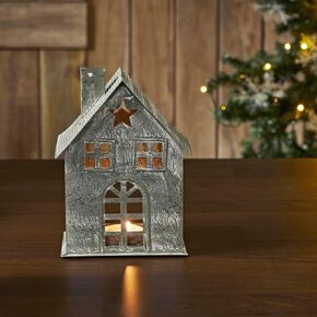 Tealight Holder Metal Village House E Antique Grey 2.75x2.75x2