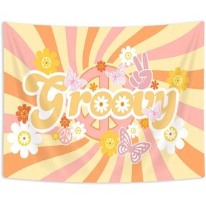 Uokiuki Groovy Party Tapestry for Bathroom, 60s 70s Orange Vintage Boho Sun Flower Wall Tapestry, Boho Hippie Tapestry Wall Hanging for Bedroom Living Room Dorm 60 X 40 Inch