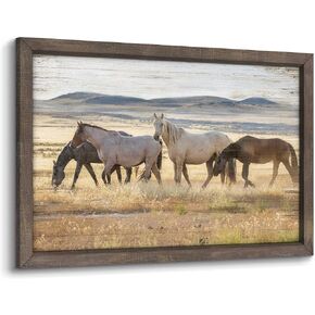 Wild Horses Wall Art Framed: Wildlife Animals Pictures Horse Artwork Painted Wood Painting for Bedroom(12x16)