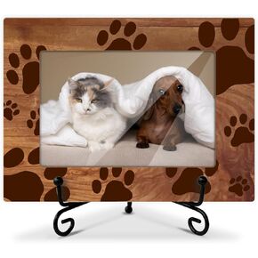 Pet Lover Gifts Pet Paws Wood Photo Frame Gift for Pet Owner Dog Cat Lover Kitty Puppy Mom Dad, Home Table Decor Supplies Dog Cat Tabletop Picture Frame with Stand (4x6 Horizontal Photo) -21