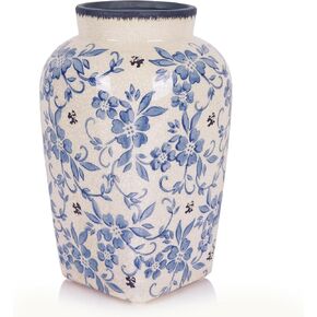 Blue and White Vase,7.9 Inch Ceramic Chinoiserie Floral Vase,Vintage Pottery Vase,Farmhouse Flower Vase for Rustic Home Decor,Living Room, Kitchen, Bookshelf, Office, Shelf, Mantel, Centerpieces