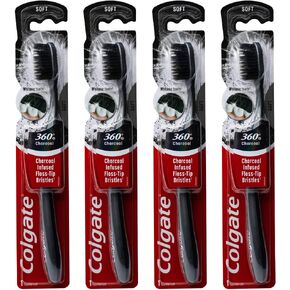 Colgate 360 Charcoal Infused Toothbrush, Floss-Tip Bristles, Soft (Colors Vary) - Pack of 4