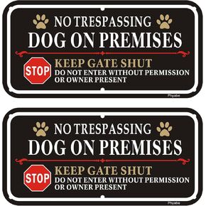 2 Pack No Trespassing Dog On Premises Keep Gate Shut Sign, 12 x 6 inch Rust Free Aluminum Dog Sign, Weather Resistant, Waterproof, Durable Ink, Easy to Install - Black