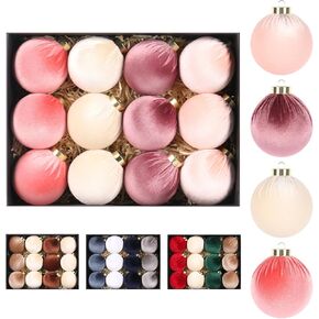 Super Holiday 3.14" Velvet Christmas Balls, 12PCS 80MM Plastic Christmas Ball Ornaments for Xmas Tree Hanging Decorations Assortment, for Holiday Party Decor, Red, White, Green, Coffee