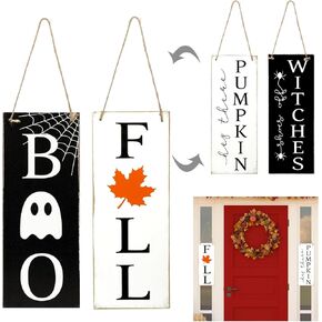 2Pcs Fall Front Door Hanging Sign Double-Sided Fall Pumpkin & Halloween Boo Welcome Sign Wooden Door Hangers for Indoor Outdoor Porch Walls Decor Autumn Halloween Party Supplies