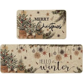 Artoid Mode Holly Ornament Merry Christmas Kitchen Mats Set of 2, Winter Home Decor Low-Profile Kitchen Rugs for Floor - 17x29 and 17x47 Inch