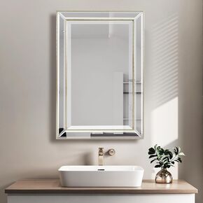 Metro Beaded Bathroom Mirror 16"x26" Large Framed Deco Wall Mirror with Angled Beveled Mirror Frame for Living Room Entryways, Washrooms