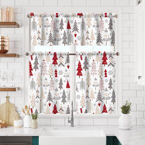 Christmas Kitchen Curtains Short and Valance Set Winter Blue Gnome Dining Room Fabric Curtain Drapes Xmas Tree Holiday Cafe Curtains Valance for Home Decor
