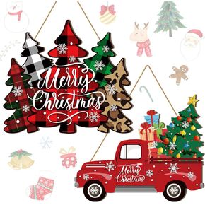 Thyle Christmas Welcome Door Sign Rustic Red Truck Decorations Merry Christmas Wooden Hanging Sign for Front Door Christmas Tree Holiday Decor for Home Window Wall Farmhouse Indoor Outdoor Decorations