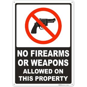 Brimar - 7" x 10" - No Firearms or Weapons Sign - .055″ Polyethylene Plastic - Clear Message - Bold Text And Symbol