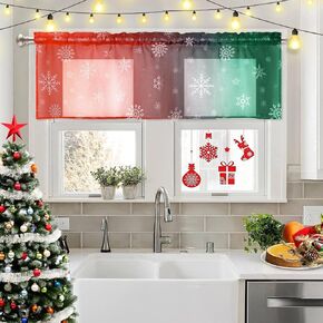 FRAMICS Christmas Valance for Kitchen Red-Green Gradient Snowflake Sheer Kitchen Valance Curtain 18 Inch Length Semi Voile Light Filtering Rod Pocket Short Curtains, 52''W x 18''L, 1 Panel
