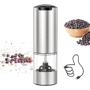 Electric Salt And Pepper Grinder Set, USB Rechargeable With LED Light, Stainless Steel Automatic Salt Grinder Electric, Adjustable Coarseness, Washable 95ml Container, Silver