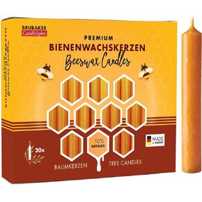 BRUBAKER 10% Beeswax Tree Candles - Pack of 20 - Honey Colored - 3¾ x ½ Inch (9.5 x 1.27cm) - Made in Europe - Pyramids, Carousels & Chimes