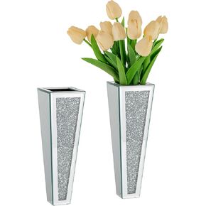 مزهريات زجاجية فضية للديكور: قطعتان من مزهرية زجاجية مرآة حائط للزهور معلقة مزهرية زهرة الماس المطحونة مزهريات زخرفية فاخرة حديثة طويلة لتزيين غرفة المعيشة وحمام المنزل والمطبخ 11 بوصة in Kuwait