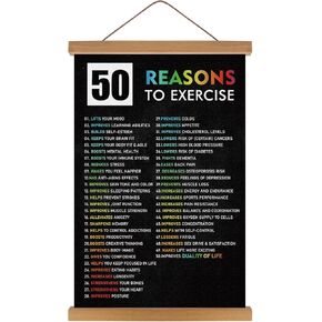 HPNIUB Natural Wood Magnetic Hanger Frame ''50 REASONS TO EXERCISE'' Poster- Motivational Words Wall Art,40X64CM Inspirational Workout Art Print, Fitness Home Decor For Gym,Exercise Classroom Decor