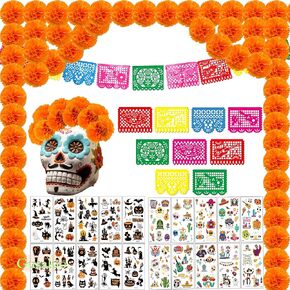 Marigold Flower Banner Sticker Kit 79pcs Mexican Artificial Marigold Flowers for Day of The Dead Diwali Home DIY Garland Wedding Party Banner Papel Picado Decoration Halloween Dia De Los Muertos Decor