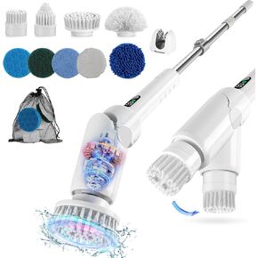 Electric Spin Scrubber, Cordless Cleaning Brush with 9 Replaceable Brush Heads, Power 2 Speeds LCD Display, Angle Adjustable, Shower Scrubber with Long Handle for Bathroom Floor Tile Kitchen