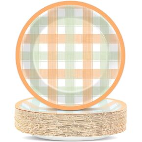 48Pcs Thanksgiving Paper Plates Party Supplies Autumn Plaid Tableware Thanksgiving Disposable Dessert Plates Party Decoration Harvest Dinner Plates for Birthday Wedding Party Tableware Holiday Dinner