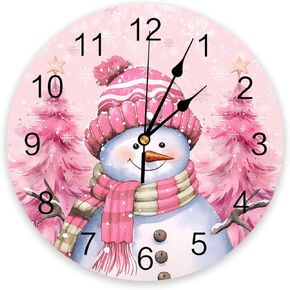 Artwork Store 10 Inch Silent Non-Ticking Pink Snowman Xmas Tree Snowflake Christmas Wall Clock, Battery Operated, Elegant, Decorative, Custom Design, PVC Material, Easy to Clean