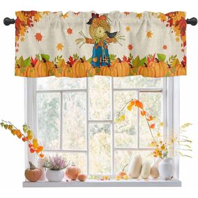 Window Valance Rod Pocket Short Curtains Thanksgiving Scarecrow Fall Pumpkin Maple Leaf Valances for Kitchen,Farm Harvest Retro Linen Curtain Valance Window Treatment for Bedroom Bathroom 54x18in