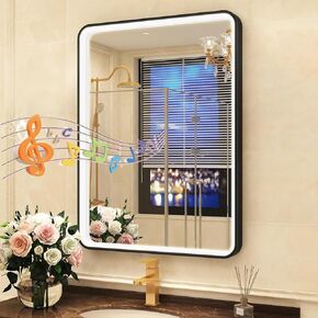 S'bagno 32x24 Inches LED Bathroom Mirror Anti Fog, Black Framed LED Mirror for Bathroom, Bluetooth Bathroom Mirror 3 Colors, Dimmable Brightness, Waterproof, Vertical/Horizontal, Plug-in