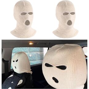 2PCS Car Headrest Cover, Personalized Funny Auto Seat Headrest Full Face Mask, Ski Mask Front Headrest Protector Decoration for Most Vehicles, Universal Car Accessories (White)