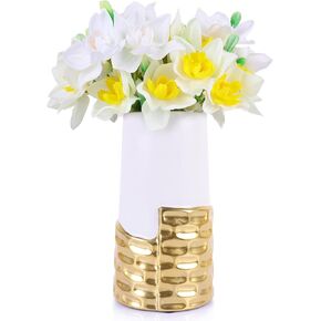LCCCK 7.0" Gold Hammered Vase Home Decor, Elegant Ceramic White and Gold Flower Vase for Pampas Grass Decorative, Boho Small Cylinder Vases Centerpiece, Dining Table Living Room Jarrones Art