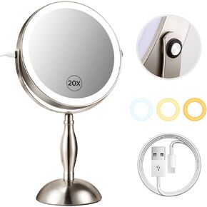 Large Lighted Makeup Mirror, 1X/20X Magnifying Mirror with 3 Color Dimmable Adjustable Mirror, Side Charging Port & SideTouch Sensor, 360° Rotation Double Sided Standing Desk Mirror