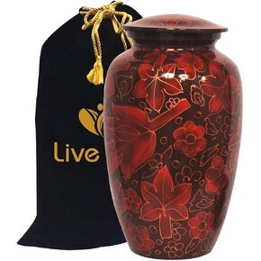 Floral Crimson Cremation Urn for Human Ashes - Adult Funeral Urn Handcrafted - Affordable Urn for Ashes - Large Urn Deal
