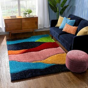 Well Woven Bayside Multi Abstract Geometric Waves Thick Soft Plush 3D Textured Shag Area Rug 5x7 (5'3" x 7'3")