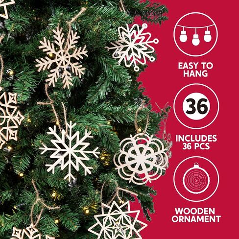 JOIEDOMI 36 Pcs Snowflake Wooden Christmas Ornaments Hanging Ornaments for Christmas Tree Decoration, Indoor/Outdoor Holidays, Party Decoration, Tree Ornaments in Saudi Arabia
