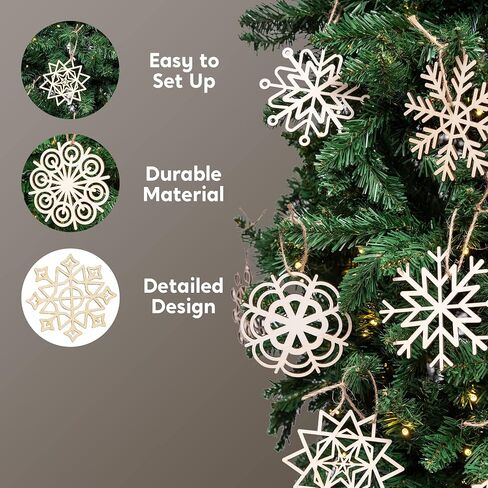 JOIEDOMI 36 Pcs Snowflake Wooden Christmas Ornaments Hanging Ornaments for Christmas Tree Decoration, Indoor/Outdoor Holidays, Party Decoration, Tree Ornaments in Saudi Arabia