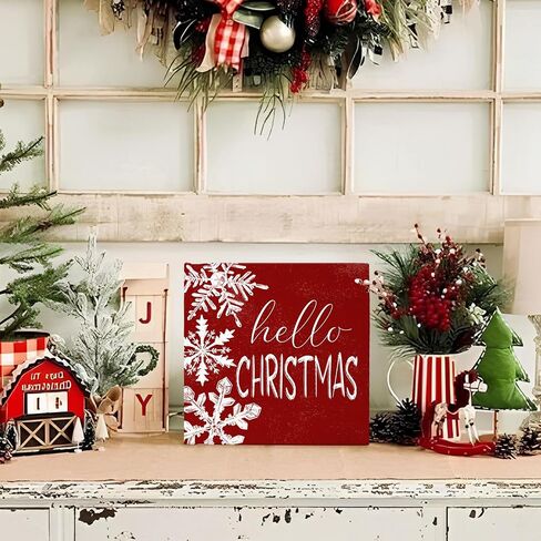 Mtrgdn Hello Christmas Signs for Home Decor,Christmas Snowflake Decorations Indoor for Table Wood Box Sign, Wooden Sign Desk Decor for Bedroom Living Room,Christmas Gifts for Women in Saudi Arabia