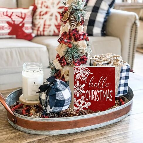 Mtrgdn Hello Christmas Signs for Home Decor,Christmas Snowflake Decorations Indoor for Table Wood Box Sign, Wooden Sign Desk Decor for Bedroom Living Room,Christmas Gifts for Women in Saudi Arabia