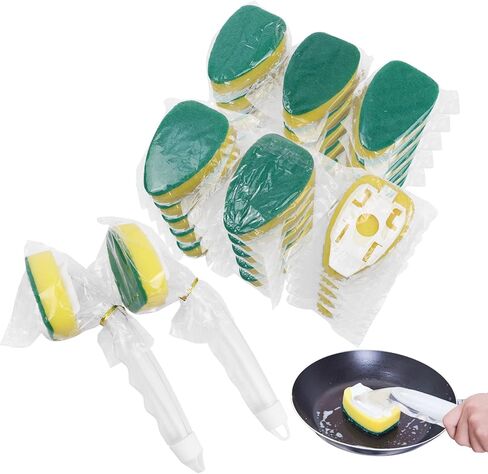 عصا الأطباق تعيد ملء رؤوس الإسفنج مغلفة بشكل فردي، رأس بديل لإسفنجة غسيل الأطباق الثقيلة، مناديل تنظيف مناديل تنظيف، 15 عبوة مع مقبض 2 قطعة لتنظيف المطبخ in Kuwait