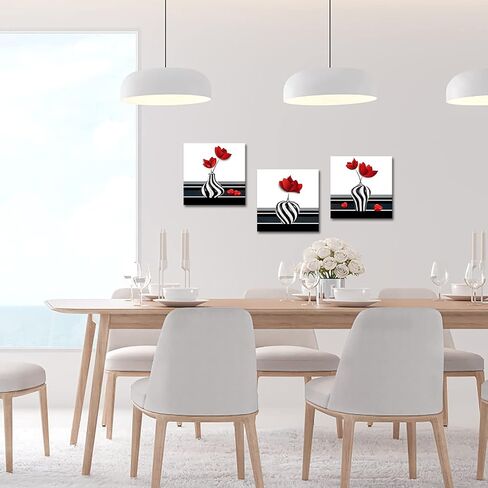 canvbay 3 قطع مجردة زهرة حمراء قماش جدار الفن لا تزال الحياة قماش اللوحة يطبع زهرة على المزهريات باللونين الأسود والأبيض صورة لديكور مدخل الحمام امتدت 12x12inchx3pcs in Saudi Arabia