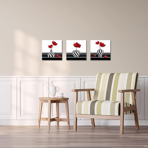 canvbay 3 قطع مجردة زهرة حمراء قماش جدار الفن لا تزال الحياة قماش اللوحة يطبع زهرة على المزهريات باللونين الأسود والأبيض صورة لديكور مدخل الحمام امتدت 12x12inchx3pcs in Saudi Arabia