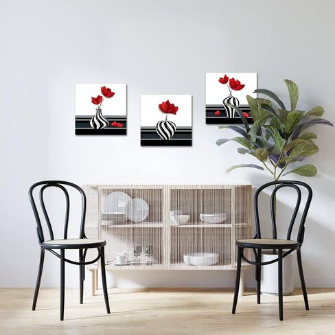 canvbay 3 قطع مجردة زهرة حمراء قماش جدار الفن لا تزال الحياة قماش اللوحة يطبع زهرة على المزهريات باللونين الأسود والأبيض صورة لديكور مدخل الحمام امتدت 12x12inchx3pcs in Saudi Arabia