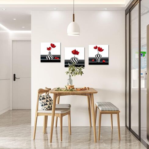canvbay 3 قطع مجردة زهرة حمراء قماش جدار الفن لا تزال الحياة قماش اللوحة يطبع زهرة على المزهريات باللونين الأسود والأبيض صورة لديكور مدخل الحمام امتدت 12x12inchx3pcs in Saudi Arabia