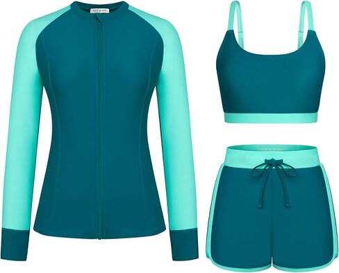 Kate Kasin Women's 3 Piece Rash Guard Long Sleeve Swim Shirts UPF 50+ Swimsuit Zipper Color Block Bathing Suits with Boyshort in Saudi Arabia