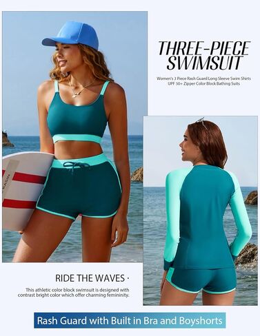 Kate Kasin Women's 3 Piece Rash Guard Long Sleeve Swim Shirts UPF 50+ Swimsuit Zipper Color Block Bathing Suits with Boyshort in Saudi Arabia
