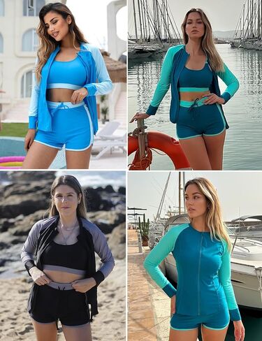 Kate Kasin Women's 3 Piece Rash Guard Long Sleeve Swim Shirts UPF 50+ Swimsuit Zipper Color Block Bathing Suits with Boyshort in Saudi Arabia