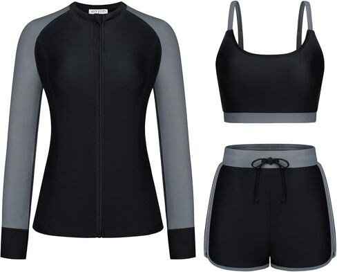 Kate Kasin Women's 3 Piece Rash Guard Long Sleeve Swim Shirts UPF 50+ Swimsuit Zipper Color Block Bathing Suits with Boyshort in Saudi Arabia