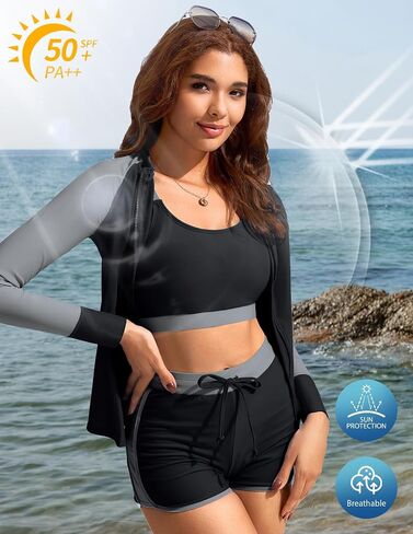 Kate Kasin Women's 3 Piece Rash Guard Long Sleeve Swim Shirts UPF 50+ Swimsuit Zipper Color Block Bathing Suits with Boyshort in Saudi Arabia