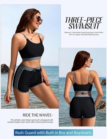 Kate Kasin Women's 3 Piece Rash Guard Long Sleeve Swim Shirts UPF 50+ Swimsuit Zipper Color Block Bathing Suits with Boyshort in Saudi Arabia