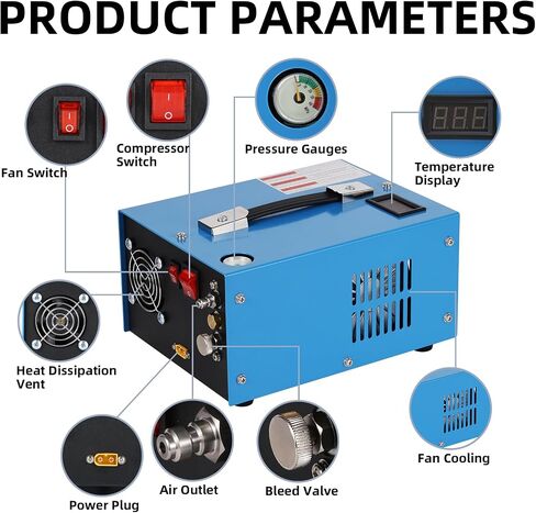 PCP air compressor 300bar 4500Psi/30Mpa anhydrous/oil-free PCP air pump color bullet tank power supply 12V automotive DC 110V AC household power converter and oil moisture filter in Saudi Arabia