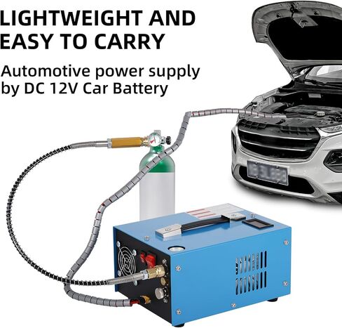 PCP air compressor 300bar 4500Psi/30Mpa anhydrous/oil-free PCP air pump color bullet tank power supply 12V automotive DC 110V AC household power converter and oil moisture filter in Saudi Arabia